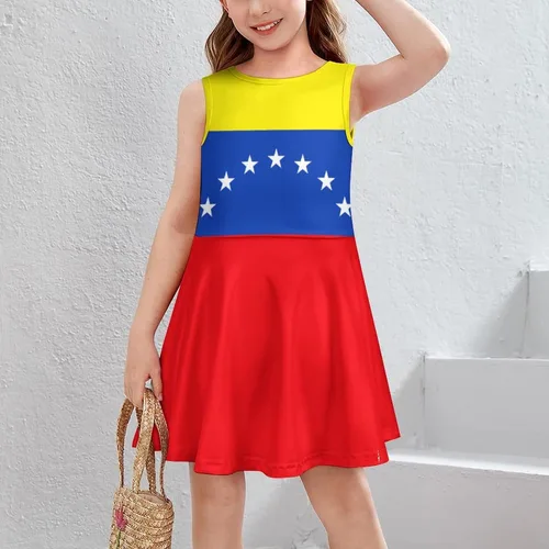 Vista 2 de Vestido de niña con la bandera de Trinidad y Tobago para verano, cuello redondo, camiseta para niños, ropa casual