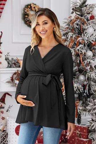 Vista 3 de OUGES Túnicas de maternidad para mujer, camisas de manga largacorta, cuello en V, ropa de maternidad para lactancia, blusa casual de embarazo