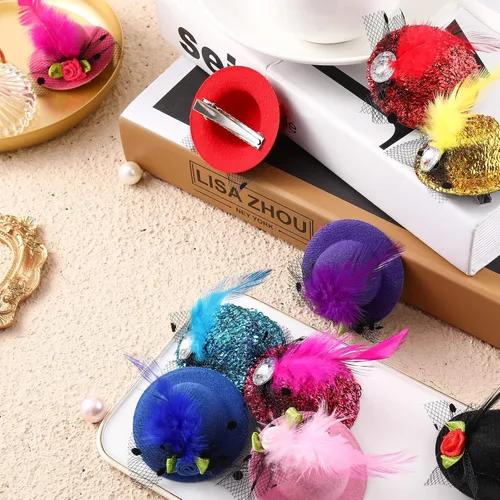 Vista 7 de 12 sombreros de fiesta de té para niñas pequeñas, mini tocado decorativo con flores, lazo de malla de plumas sintéticas, pasador de pelo, horquilla