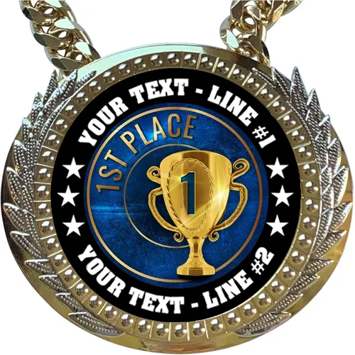 Vista 2 de Express Medals Trofeo de cadena de campeón del primer lugar con 2 líneas de texto personalizado en una gran medalla de premio y cadena de cuello