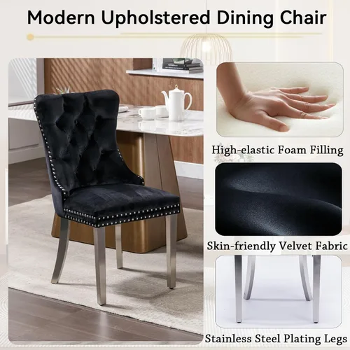 Vista 5 de Henf Juego de mesa de comedor de mármol sintético de 7 piezas para 6, mesa de comedor extensible de 63"-79" y 6 sillas negras acolchadas para 6
