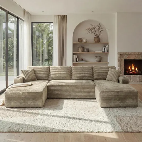 Vista 8 de Sofá grande sin hueso de 125 pulgadas con diván, moderno sofá modular con asiento profundo, sofá tapizado de pana en forma de U para sala de estar