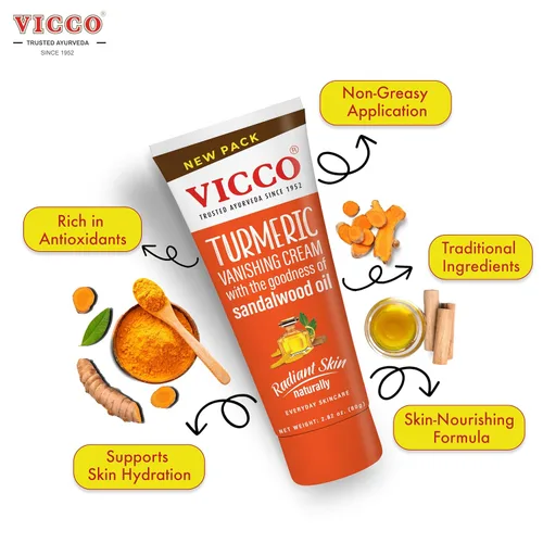 Vista 3 de Vicco Crema desaparecedora de cúrcuma con aceite de sándalo 70 años Legacy of Ayurveda, con cúrcuma para el cuidado diario de la piel, fórmula