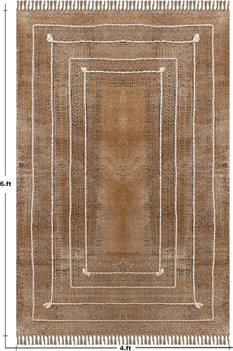 Vista 3 de Kilim Alfombra de Área 2x3 pies, color marrón bronce, diseño abstracto, estampado a mano en bloque, algodón Dhurrie, lavado a mano en superficie