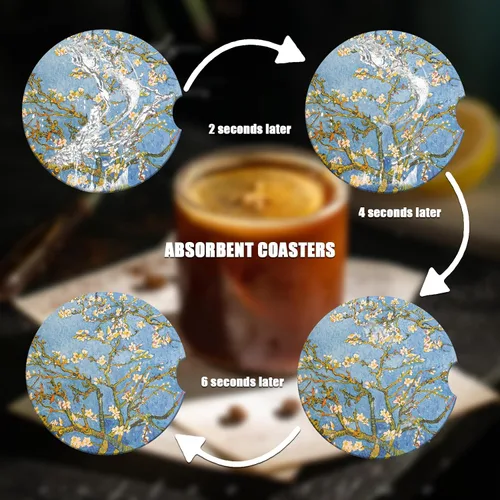 Vista 6 de Portavasos de automóvil – Posavasos de cerámica absorbente con flor de almendro, posavasos Van Gogh para bebidas, accesorios interiores