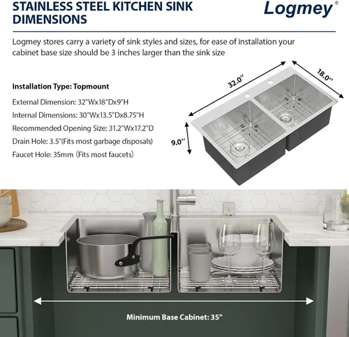 Vista 7 de Logmey - Fregadero de cocina de 32 pulgadas con doble tazón de montaje superior - Fregadero de cocina de acero inoxidable hecho a mano de 32 x 18