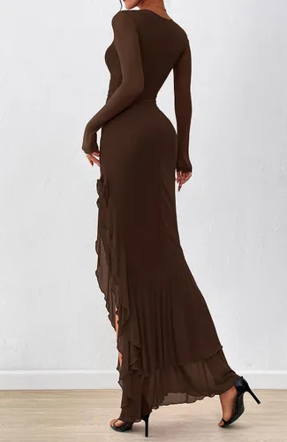 Vista 3 de BTFBM Maxi vestidos de mujer otoño 2026 manga larga vestido de invitada de Café