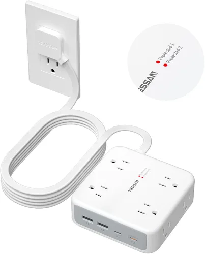 Vista 10 de TESSAN Regleta de alimentación con doble protector de sobretensiones, cable de extensión de 5 pies, enchufe de pared plana con 4 USB (2 USB C) 8