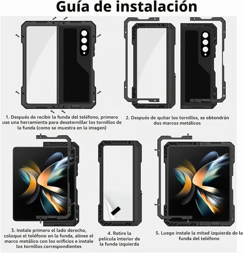 Vista 7 de Funda de metal para Samsung Galaxy Z Fold 4 con soporte para bolígrafo S, funda militar resistente Z Fold4 con protector de pantalla integrado Negro