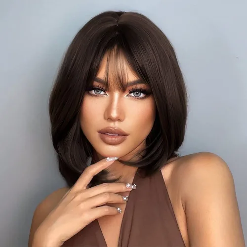 Vista 14 de HAIRCUBE Pelucas estilo Bob hasta el hombro para mujer con raya lateral