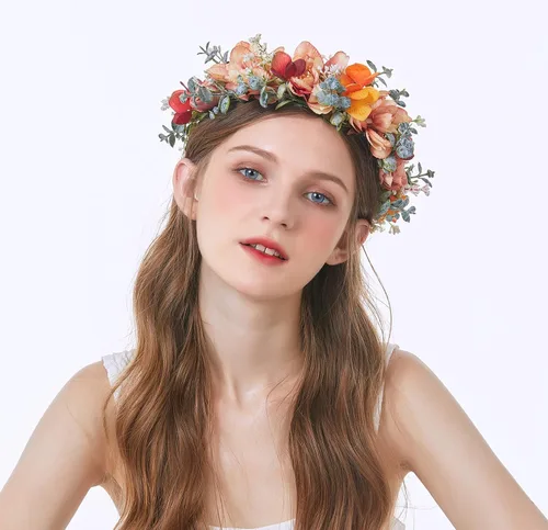 Vista 2 de Vivivalue Corona floral para mujer, diadema de flores bohemias, corona para el cabello, diadema floral, aureola, fiesta de boda
