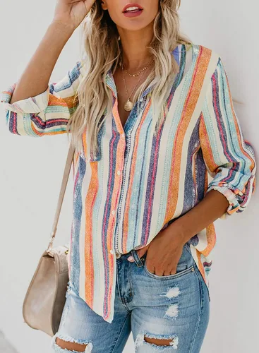 Vista 4 de Astylish - Camisa a rayas para mujer con cuello en V, blusa con mangas enrollables y botones