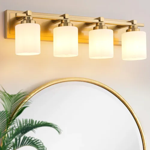 Vista 36 de 1 Luminaria Moderna de Baño sobre Espejo, Luces de Tocador Negro Dorado para Apliques de Pared de Baño con Pantallas de Vidrio Blanco Lechoso