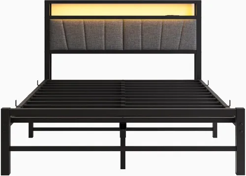 Vista 9 de BOFENG Base de cama matrimonial con cabecera de almacenamiento tapizada y estación de carga, luces LED, plataforma de metal resistente, marco