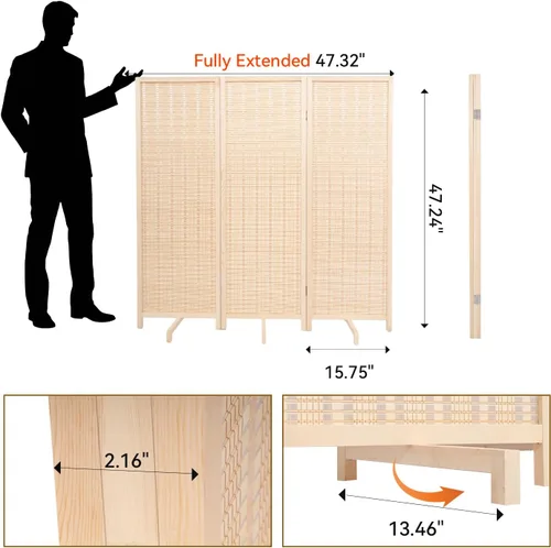 Vista 2 de Panel divisor de habitación de bambú con patas giratorias de 360°, 3 paneles de 47 pulgadas de alto, pantalla de privacidad plegable corta
