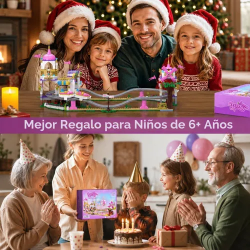 Vista 7 de Juego de construcción de montaña rusa de castillo, kit de construcción de parque de atracciones STEM para niños, bloques de juegos rosa creativos