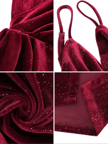 Vista 6 de Laughido - Vestido de fiesta de terciopelo para mujer, diseño con tirantes delgados, sin mangas, fruncido, y entallado con abertura, para cóctel