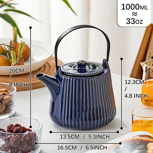 Vista 2 de Yundu Teteras de Cerámica Azul Profundo, 1000ml/33.8oz Tetera, Suficiente para 4 Tazas, Tetera con Infusores para Té Suelto, Tetera a Rayas