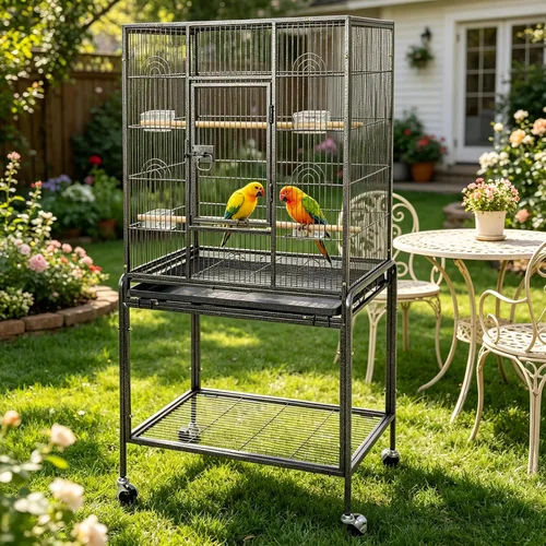 Vista 6 de Jaula grande de hierro forjado de 53 pulgadas con soporte rodante, jaulas para pájaros para cacatúas, color gris africano, agapornis, pinzón canario