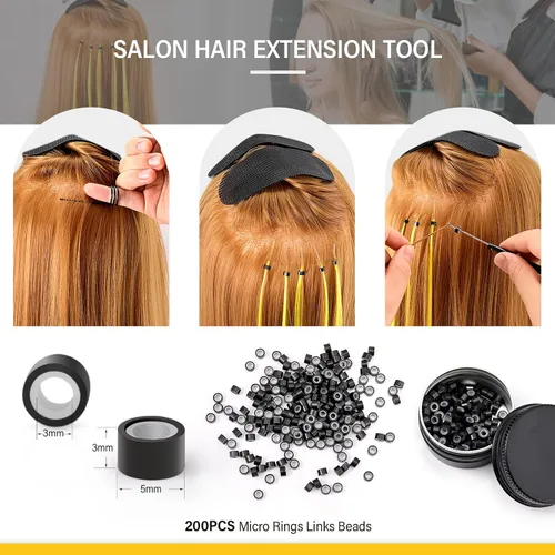 Vista 3 de Gomake Microlinks - Kit de extensiones de cabello, alicates para cerrar y quitar extensiones de cabello, gancho para tirar de microcuentas y Negro