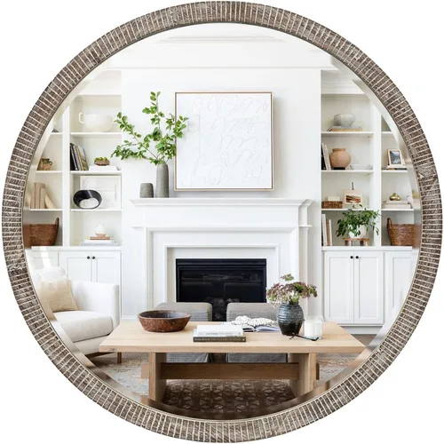 Vista 11 de Espejo redondo de madera de 35 pulgadas, espejo de madera grande de granja, negro lavado Rustic Wood Round Mirror for Wall Decor, Beleved