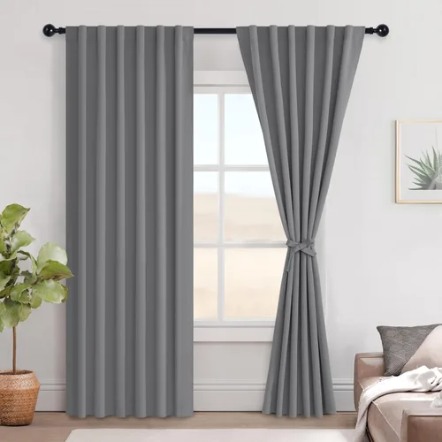 Vista 140 de Hiasan Cortinas opacas negras para dormitorio, cortinas opacas cortas de 45 pulgadas de largo, con aislamiento térmico, bolsillo para barra