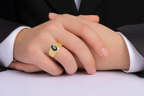 Vista 2 de RYLOS Anillos para hombre Anillo de pepita de diseñador de oro amarillo de 14 quilates piedra preciosa ovalada de 0.354 x 0.276 in y diamantes