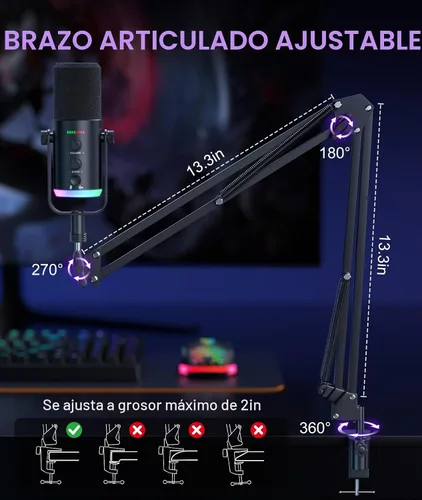 Vista 7 de Micrófono dinámico para juegos Modo dual USB/XLR Kit de micrófono de brazo RGB con silencio de un solo toque, monitor de auriculares, control
