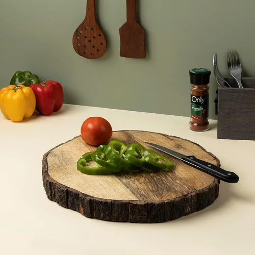 Vista 5 de GoCraft Tabla de Cortar Redonda de Madera con Borde de Corteza de Árbol 1.5" de Grosor Madera de Mango Borde Vivo para Cortar, Preparar, Servir