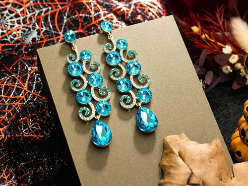 Vista 3 de RareLove Aretes de araña de diamantes de imitación azules, aretes largos colgantes para mujer, cristal de lágrima, aretes de boda para novias