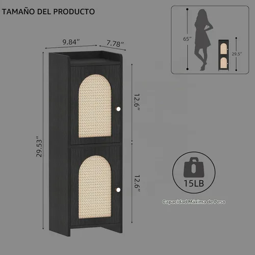 Vista 2 de Gabinete de almacenamiento pequeño de ratán con 2 puertas y estante Ratán negro