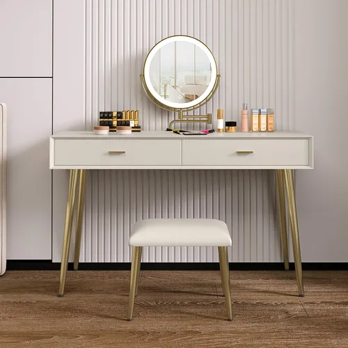 Vista 13 de Juego de escritorio con espejo giratorio de 360° y luces, pequeño tocador de maquillaje con cuero de microfibra, mesa de tocador con 2 cajones Beige