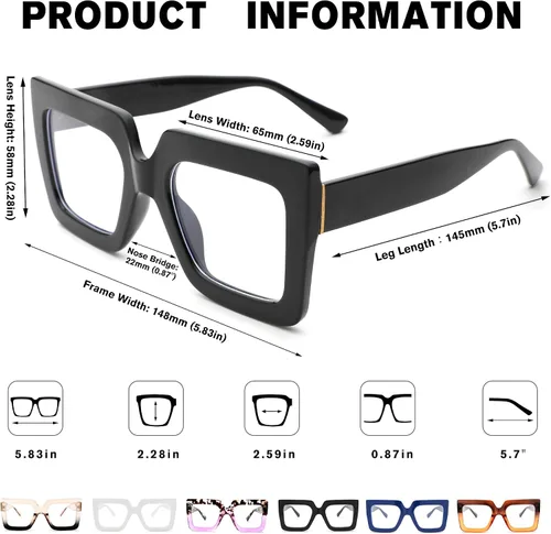 Vista 4 de Pro Acme Gafas de bloqueo de luz azul, marcos cuadrados grandes, anteojos falsos para mujer