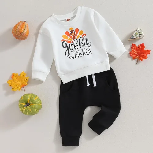 Vista 5 de Wrrkayly Traje de Acción de Gracias para bebé niño pequeño, sudadera de manga larga con cuello redondo y estampado de pavo, pantalones deportivos