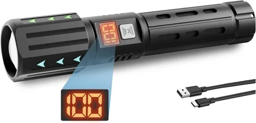Vista 9 de Linternas LED recargables de alto lúmenes, linterna súper brillante de 10000 lm con pantalla digital LCD, 5 modos, linterna de mano ajustable USB C
