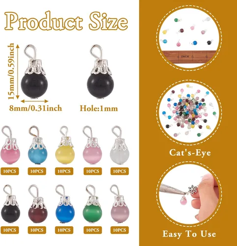 Vista 6 de KISSITTY 100 cuentas de gota de ojo de gato, 10 colores hechos a mano, colgantes colgantes de 0.315 in con tapa de cuentas para hacer joyas