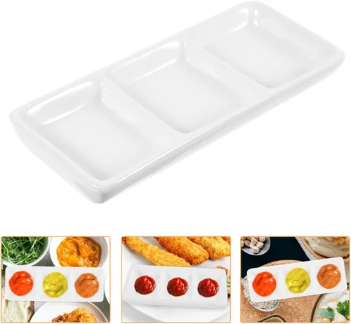 Vista 8 de Healeved Juego de 2 bandejas de cerámica para servir aperitivos, 3 compartimentos, platos divididos rectangulares para salsa de soja, condimentos
