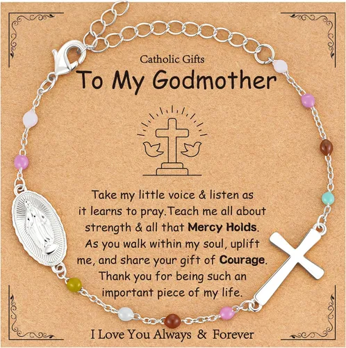 Vista 10 de Pulsera de cruz católica de la Virgen María para niñas y mujeres, pulsera de cuentas de rosario, primera comunión, confirmación, bautismo, madrina