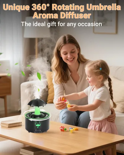 Vista 4 de Humidificador estético 2 en 1 difusor de aceite con gota de lluvia giratoria y 7 luces LED de estado de ánimo, humidificador de niebla fría