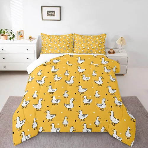 Vista 36 de Erosebridal Juego de ropa de cama a cuadros azul para niños, juego de cama individual con diseño de patos amarillos de dibujos animados, juego