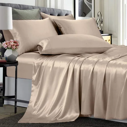 Vista 20 de Treely - Juego de 4 piezas de sábanas de satén tamaño individual sedoso y suave en color beige con bolsillo profundo, sábana bajera ajustada, sábana
