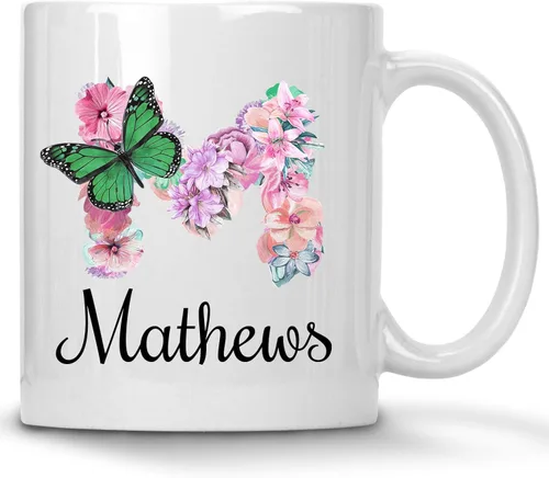 Vista 2 de Taza personalizada con nombre y alfabeto floral, taza personalizada con nombre e inicial, taza con nombre, regalo para mamá, hermana, niñas, tazas