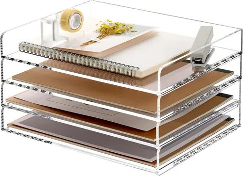 Vista 15 de Paquete de 2 bandejas apilables de papel para cartas, organizador de escritorio de archivos A4 ampliado, organizador de escritorio de acrílico