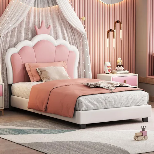 Vista 16 de Cama de plataforma tapizada de tamaño individual con cabecero en forma de oso y rayas de luz incrustadas, bonito marco de cama de plataforma