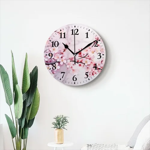 Vista 6 de Relojes de pared de cuarzo, silenciosos, funcionan con pilas, modernos relojes de pared decorativos para el hogar, dormitorio, flores de cerezo