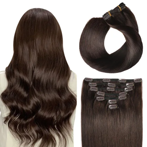 Vista 14 de SUYYA Extensiones de cabello humano real con pinzas, 7 piezas de extensiones de cabello humano Remy liso con clip, para mujer, doble trama, 12 #1