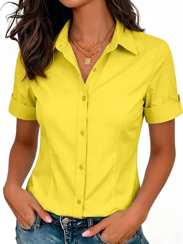 Vista 20 de siliteelon Camisas de vestir de manga corta con botones para mujer, camisas de algodón con botones para mujer, blusa ajustada de manga 3/4 Beige