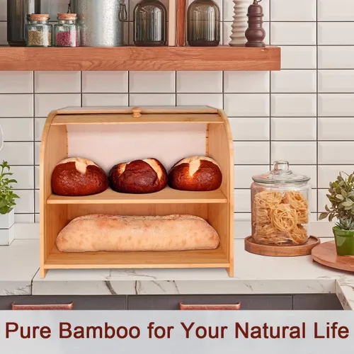Vista 6 de Purbambo Caja de pan de bambú para encimera de cocina, doble capa Roll-top cajas de almacenamiento de pan conservador de alimentos con estante medio