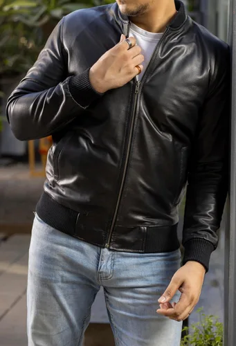 Vista 4 de Jild Varsity Style Leather Bomber Jacket Men - Chaqueta de cuero de gamuza real de moda casual MA-1 para hombre