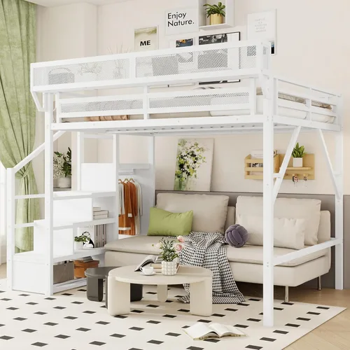 Vista 21 de Mirightone Cama elevada de tamaño completo con escaleras, camas elevadas de metal, estructura de cama elevada con estantes de almacenamiento, cama